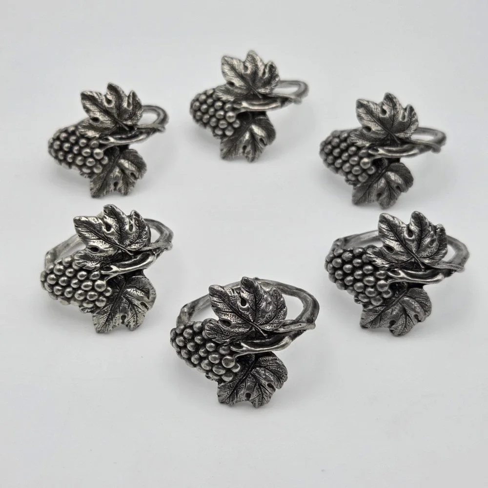 Set Of 6 Vintage Pewter Grape Cluster Napkin Rings Wine Dinner Rustic Winery